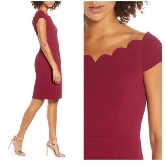 New women’s Harlyn Burgundy Dress Scalloped large short sleeve semi formal midi - Picture 6 of 8